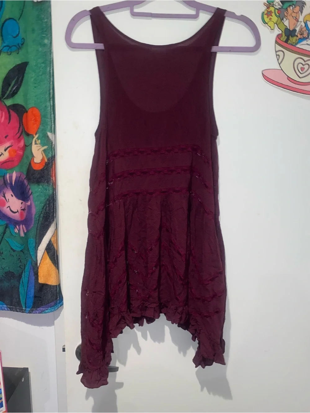 Free People Burgundy Boho Lace Ruffle Tunic Mini Dress Small